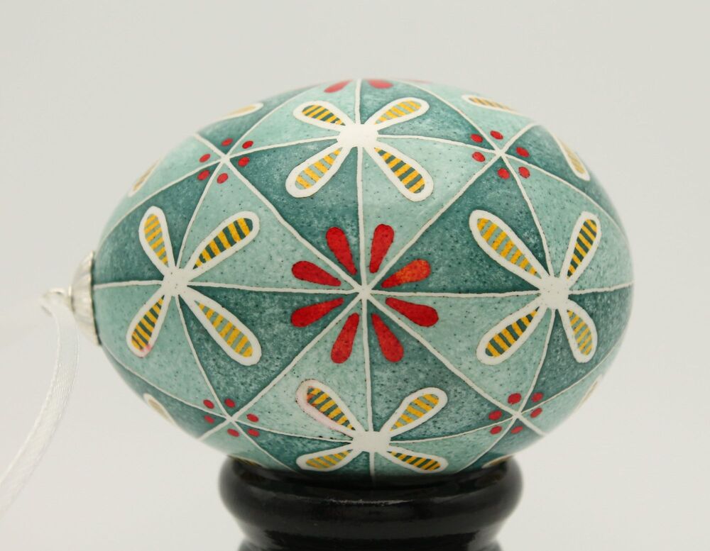 Handmade Pysanka Easter Egg Ornament, Floral Triangle Design